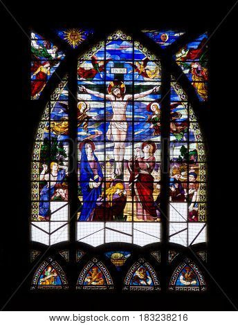 Paris, France, March 26, 2017: Stained Glass Window in Churche Saint Jean de Mormartre