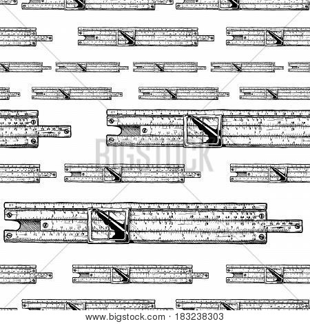 Seamless pattern with slide rules. Vector illustration in ink hand drawn style on white background.