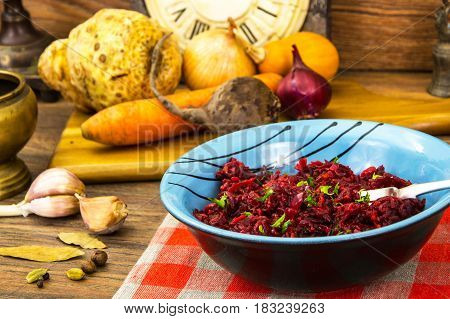 Saute of stewed vegetables with beets. Studio Photo