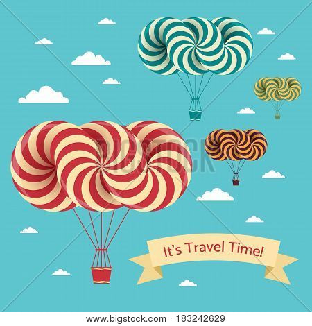 Travel time illustration. Vector postcard with airship and clouds on blue sky