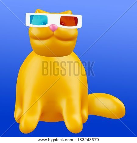 Cartoon ginger cat character in 3d glasses. 3D illustration. Cute orange fur pet.