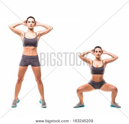 Sport Beauty Woman Do Fitness Exercises On White Background. Woman Demonstrate Begin And End Of Exer
