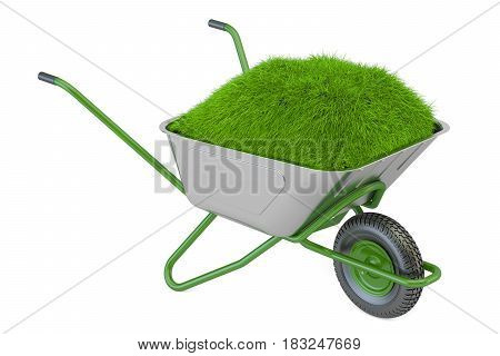 Garden wheelbarrow with soil and green grass 3D rendering isolated on white background