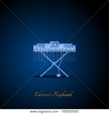 Vector hand drawn illustration of electronic keyboard on dark blue background. front view.