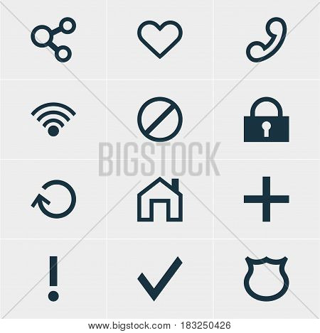 Vector Illustration Of 12 Interface Icons. Editable Pack Of Padlock, Mainpage, Plus And Other Elements.