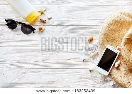 Summer Travel Vacation Concept, Flat Lay, Space For Text. Phone With Empty Screen And Sunglasses And