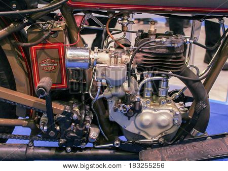 St. Petersburg Russia - 15 April, The ancient Harley-Davidson engine,15 April, 2017.
International Motor Show IMIS-2017 in Expoforurum.
Motorcycles and motoconcepts presented at St. Petersburg Motor Show.