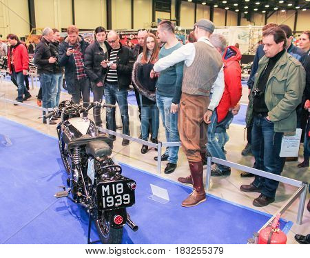 St. Petersburg Russia - 15 April, Group of Moto Salon visitors,15 April, 2017.
International Motor Show IMIS-2017 in Expoforurum.
Visitors and participants of the annual moto-salon in St. Petersburg.