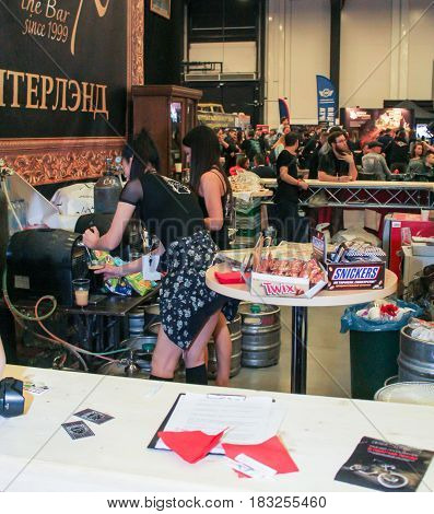 St. Petersburg Russia - 15 April, Waitresses in the bar,15 April, 2017.
International Motor Show IMIS-2017 in Expoforurum.
Visitors and participants of the annual moto-salon in St. Petersburg.