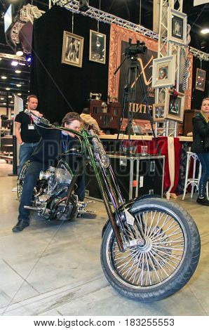 St. Petersburg Russia - 15 April, A visitor on motobike,15 April, 2017.
International Motor Show IMIS-2017 in Expoforurum.
Visitors and participants of the annual moto-salon in St. Petersburg.