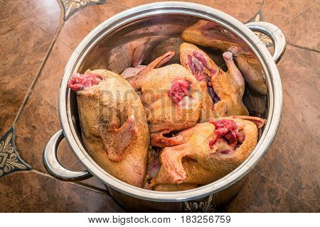 Several carcases of raw chicken in saucepan