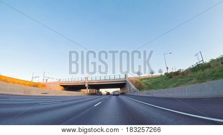 POV point of view -Driving South in Interstate highway I25 at sunset.