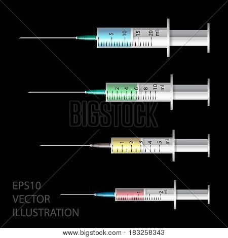 Medical syringe. Set of disposable plastic syringes of different sizes for subcutaneous and intramuscular injections. Vector illustration.