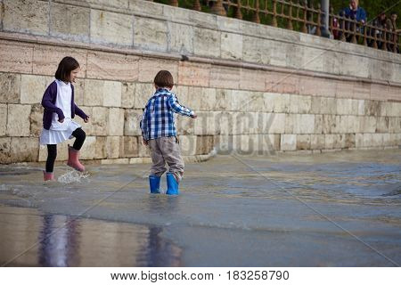 BUDAPEST, HUNGARY - JUNE 6: People at the flooding river Danube, June 6th 2013. Record breaking water level is expected in a few days.