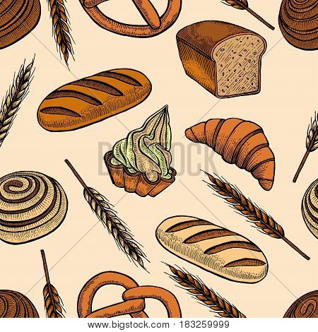 Vector set seamless pattern with different kind of bread on yellow background.