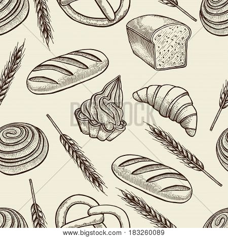Hand drawn vector illustration bakery. Seamless pattern with baking elements. Sketch style.