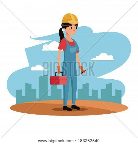 character woman employee worker construction toolkit urban background vector illustration