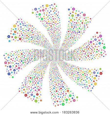 Cogwheel fireworks swirl rotation. Vector illustration style is flat bright multicolored iconic symbols on a white background. Object twirl combined from random design elements.