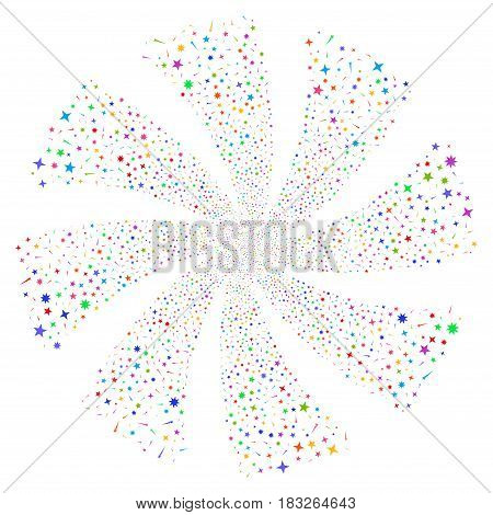 Confetti Stars fireworks swirl rotation. Vector illustration style is flat bright multicolored iconic symbols on a white background. Object whirlpool combined from random icons.