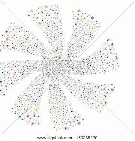 Cucaracha fireworks swirl rotation. Vector illustration style is flat bright multicolored iconic symbols on a white background. Object whirlpool done from random design elements.