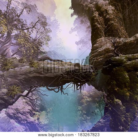 3D landscape Illustration which is observed rock formations with vegetation and mountains in the background shrouded by fog