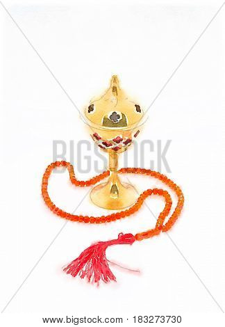 A water color drawing of a metalic oudh burner and islamic rosary.  An Islamic religious objects and background.