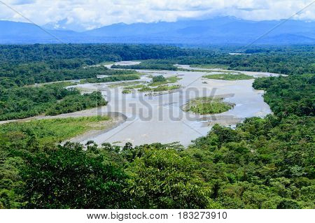 Puyo river landscape on a cloudy day in Amazonic Ecuador
