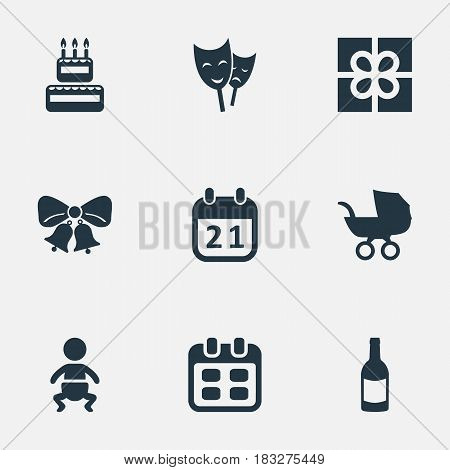 Vector Illustration Set Of Simple Holiday Icons. Elements Infant, Days, Baby Carriage And Other Synonyms Carriage, Days And Box.