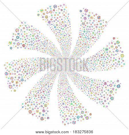 Refund fireworks swirl rotation. Vector illustration style is flat bright multicolored iconic symbols on a white background. Object flower organized from random design elements.