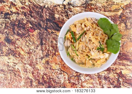 Fried Egg And  Ginger With Minced Pork In Soup.