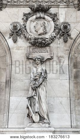 Architectural details of Opera National de Paris: Dance Facade sculpture by Carpeaux.
