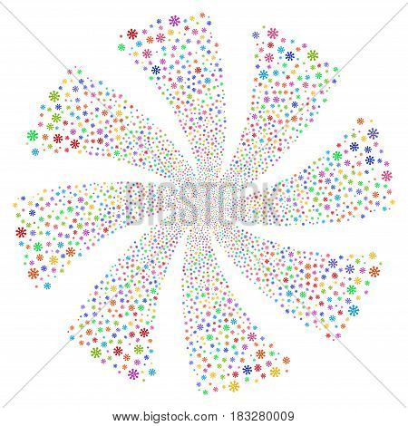 Virus fireworks swirl rotation. Vector illustration style is flat bright multicolored iconic symbols on a white background. Object twirl done from random symbols.