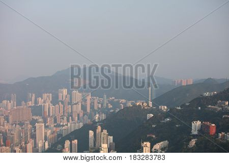 the skyline of Hong Kong from Victoria Peak. 2017
