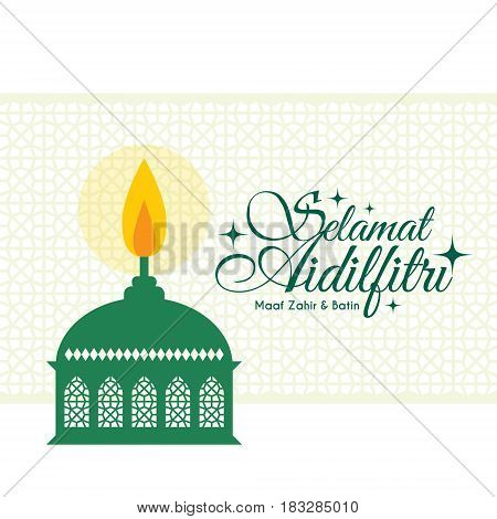 Vector muslim oil lamp- pelita with islamic pattern background. Selamat Aidilfitri greeting card. (caption: Fasting Day of Celebration, I seek forgiveness (from you) physically and spiritually)