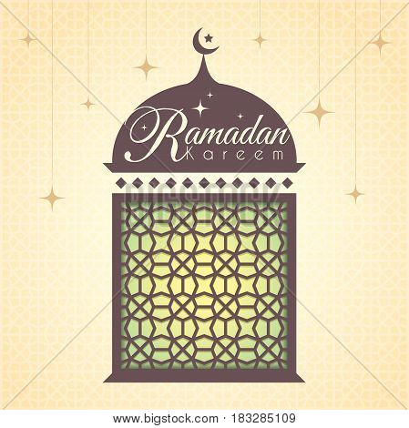 Ramadan greeting card with decorative mosque shape and islamic pattern on starry background. Ramadan Kareem means Ramadan the Generous Month.