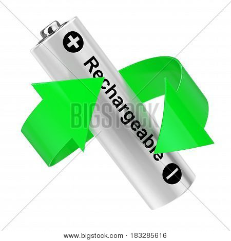 Battery Recycling Concept. Green Arrow Around Rechargeable Battery on a white background. 3d Rendering.