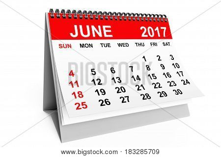 2017 year calendar. June calendar on a white background. 3d rendering