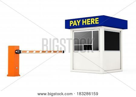 Road Car Barrier and Parking Zone Booth with Pay Here Sign on a white background. 3d Rendering.