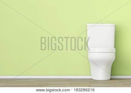 White Ceramic Toilet Bowl in front of Olive Wall. 3d Rendering.