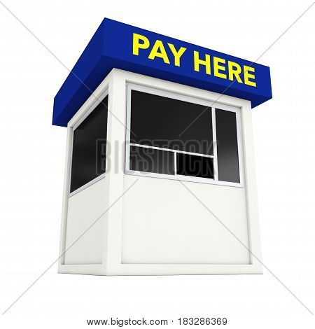 Parking Zone Booth with Pay Here Sign on a white background. 3d Rendering.