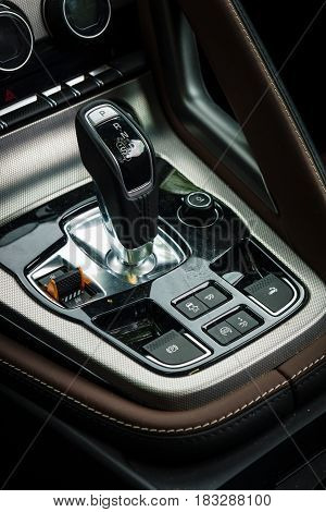 BERLIN - JUNE 14 2015: Shift knob of the sports car Jaguar F-Type V8S Convertible (since 2013). Close-up. The Classic Days on Kurfuerstendamm.