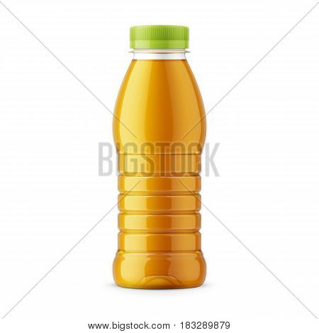 Glossy transparent PET bottle with screw cap for apple juice. 385 ml. Realistic packaging mockup template. Front view. Vector illustration.