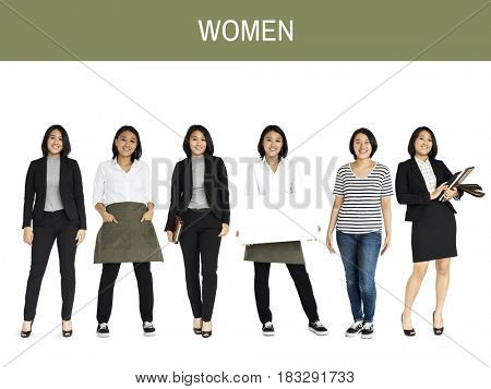 Asian Women Set Gesture Standing Studio Portrait Isolated