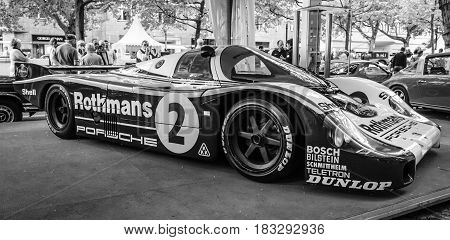 BERLIN - JUNE 14 2015: Racing car Porsche 956 designed by Norbert Singer 1982. Black and white. The Classic Days on Kurfuerstendamm.