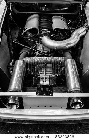 BERLIN - JUNE 14 2015: Engine of a sports car Jim Turner GTO 1984. Black and white. The Classic Days on Kurfuerstendamm.