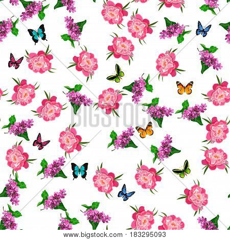 Very high quality original trendy vector seamless pattern with blooming lilac and peony flower. Spring or summer design