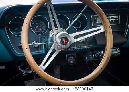 BERLIN - JUNE 14 2015: Cabin of a mid-size car Pontiac Tempest 1967. The Classic Days on Kurfuerstendamm.