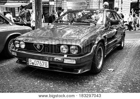 BERLIN - JUNE 14 2015: Sports car Alfa Romeo GTV6. Black and white. The Classic Days on Kurfuerstendamm.