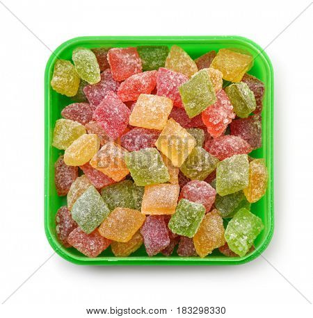 Top view of colorful sugar candies box isolated on white