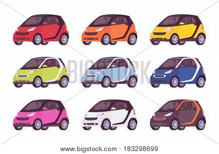 Set of mini electric class car in red, orange, yellow, green, blue, pink, whiye, black color, new model for modern cirty, eco-friendly, urban vehicle vector illustration isolated on white background